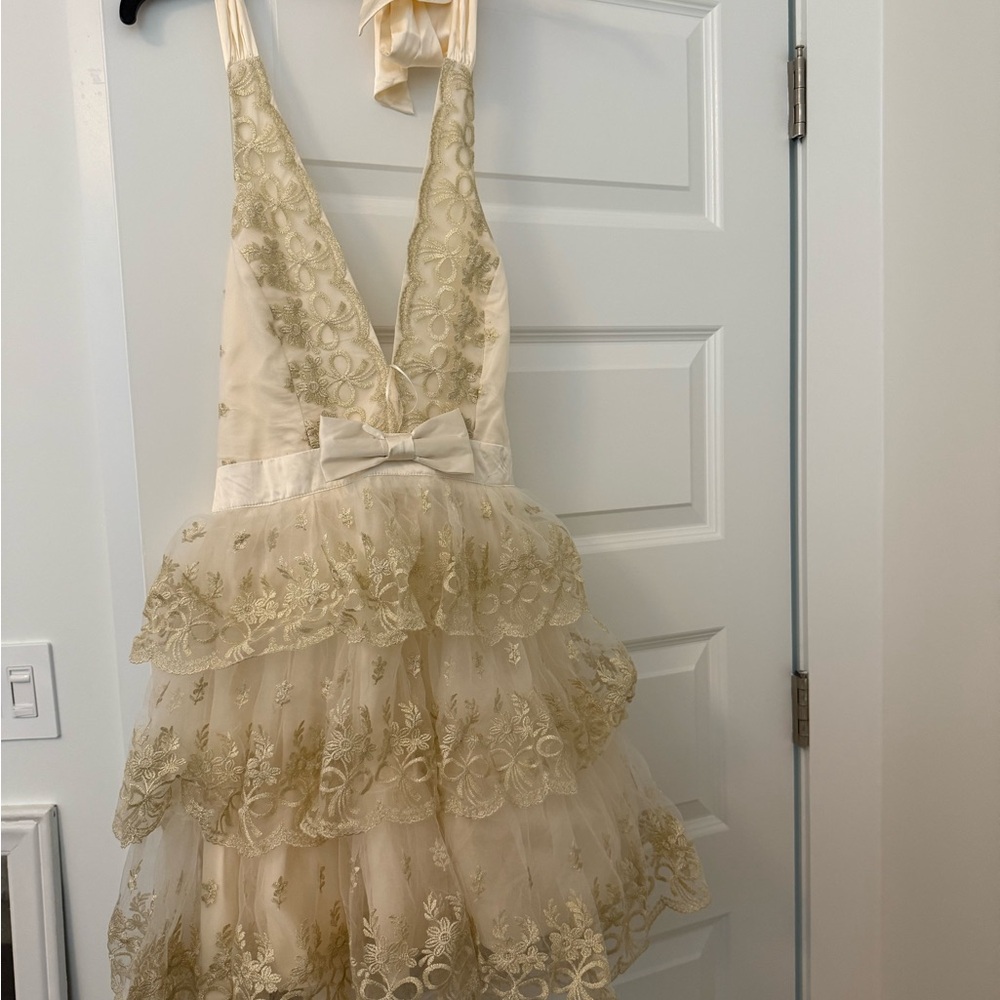 Ivory Tiered Lace Party Dress with Gold Embroidery